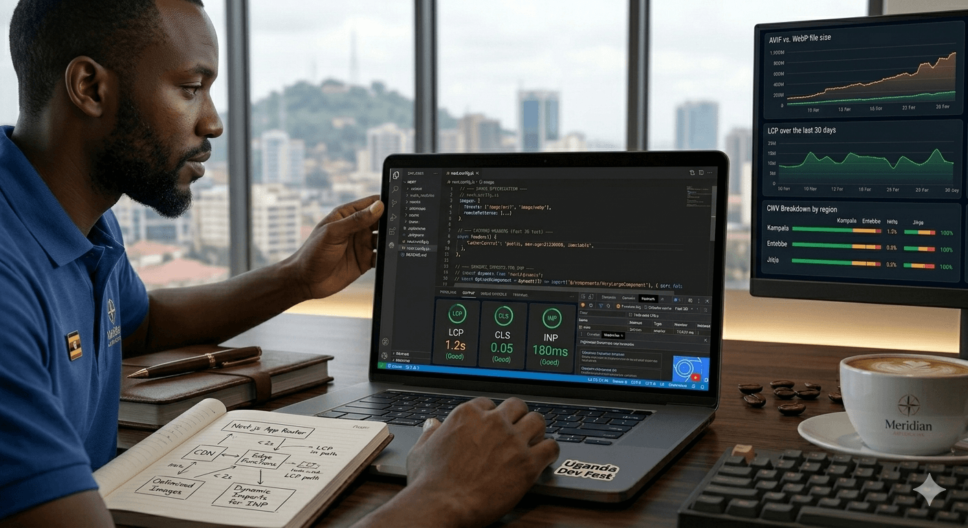 Code editor showing Next.js configuration with performance annotations