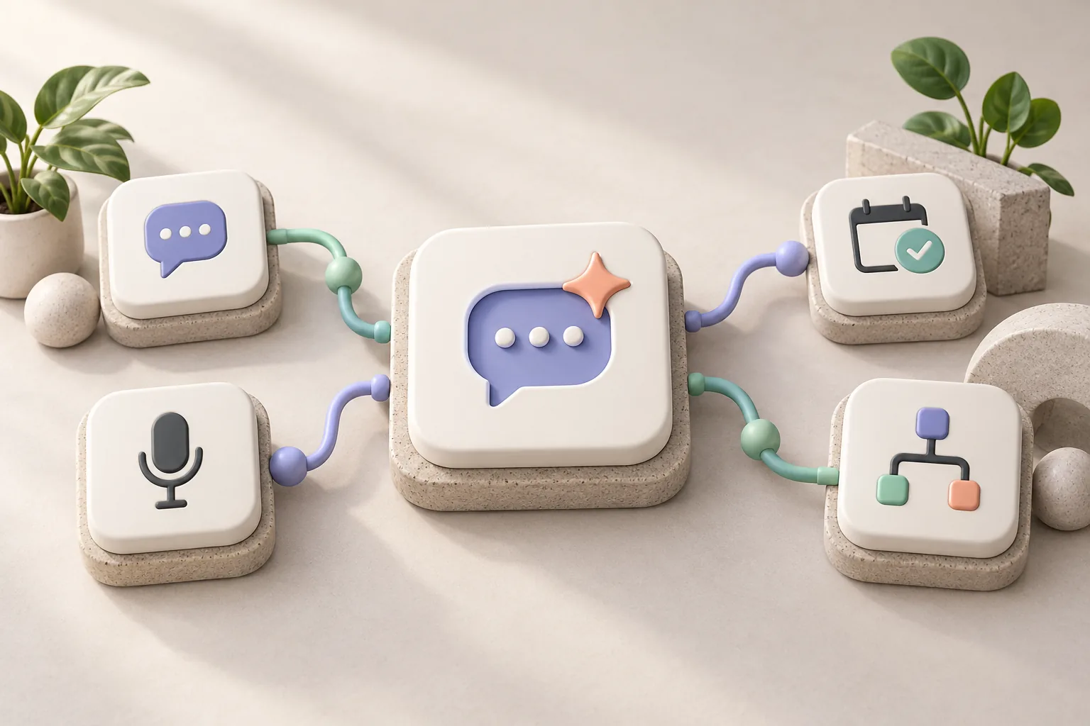 AI assistants and workflow automation Connected chat, microphone, assistant, calendar and workflow tiles illustrating business automation