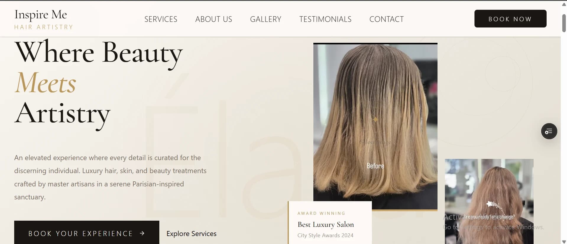 Homepage — premium brand presentation Inspire Me salon homepage