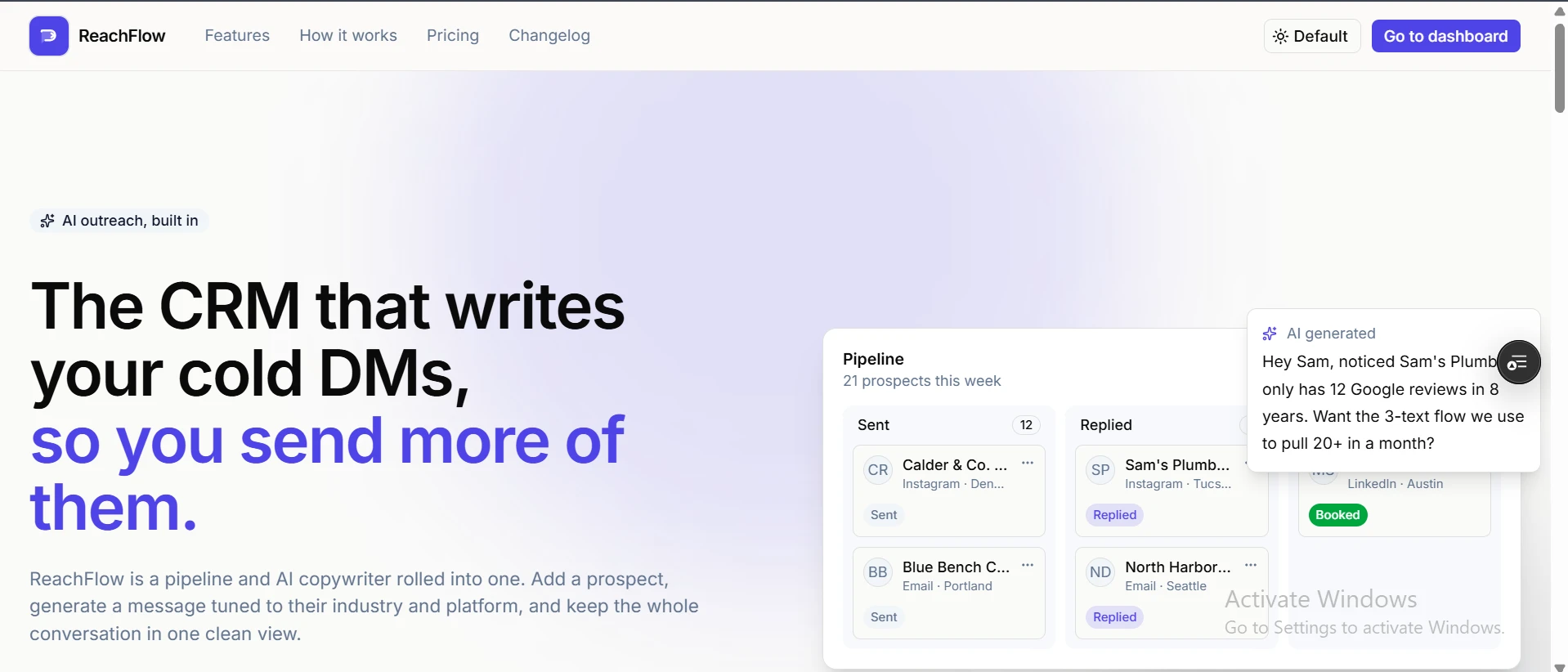 ReachFlow homepage hero section lightmode ReachFlow homepage hero section