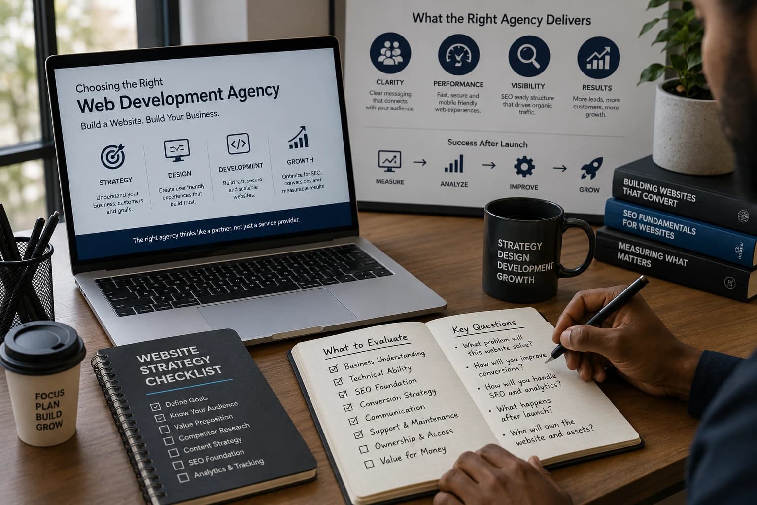 Business owner reviewing website strategy, project scope, analytics, SEO plan, and agency proposal before choosing a web development partner Business owner reviewing website strategy, project scope, analytics, SEO plan, and agency proposal before choosing a web development partner