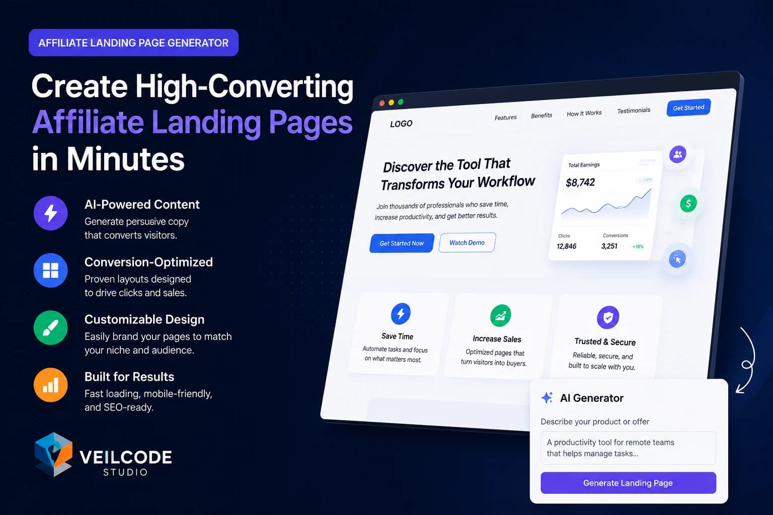 Affiliate marketer reviewing generated landing pages, campaign URLs, click analytics, and product promotion content inside a SaaS dashboard Affiliate marketer reviewing generated landing pages, campaign URLs, click analytics, and product promotion content inside a SaaS dashboard