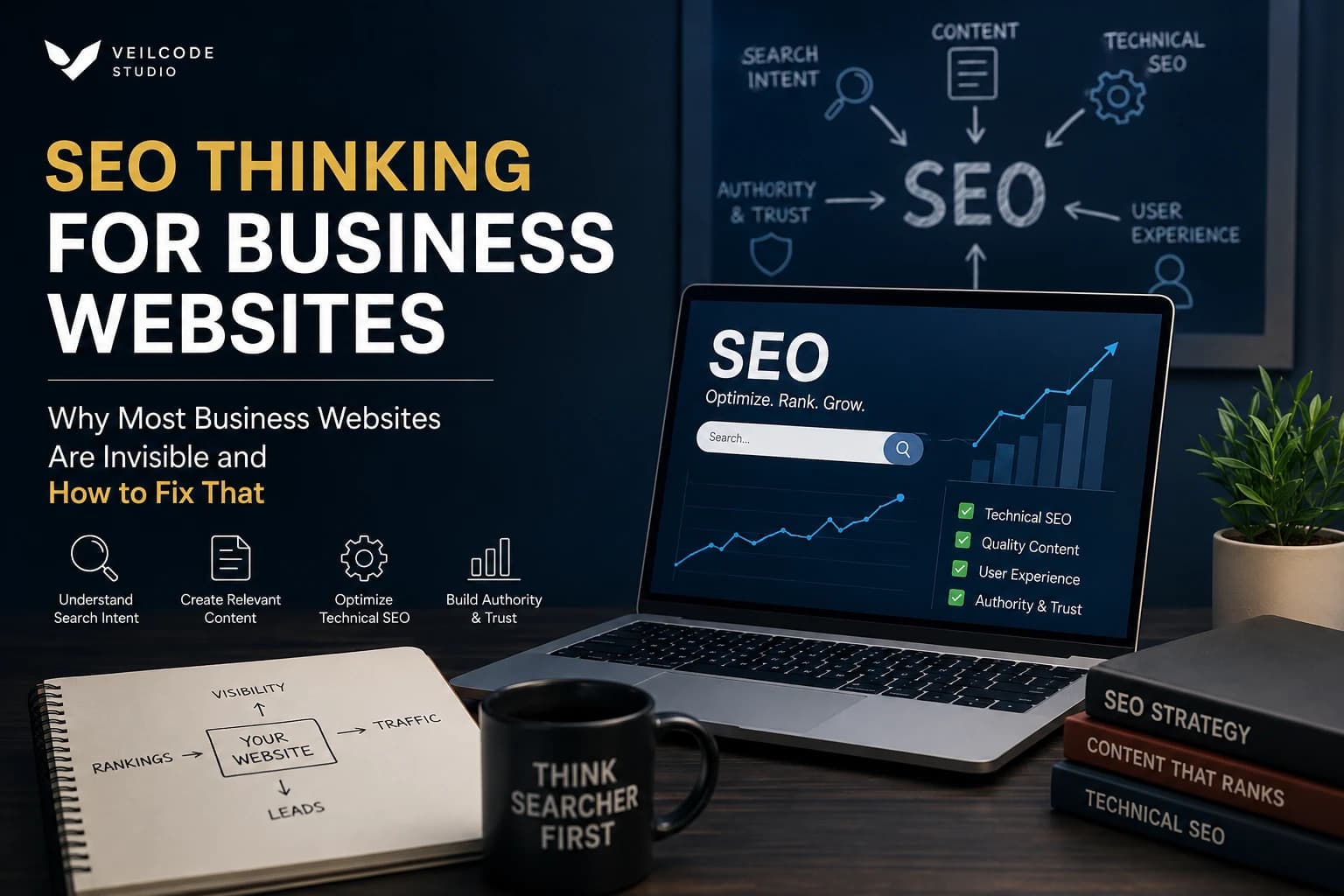 Business website SEO strategy showing search intent, technical SEO, content, internal links, authority, and AI search Business website SEO strategy showing search intent, technical SEO, content, internal links, authority, and AI search
