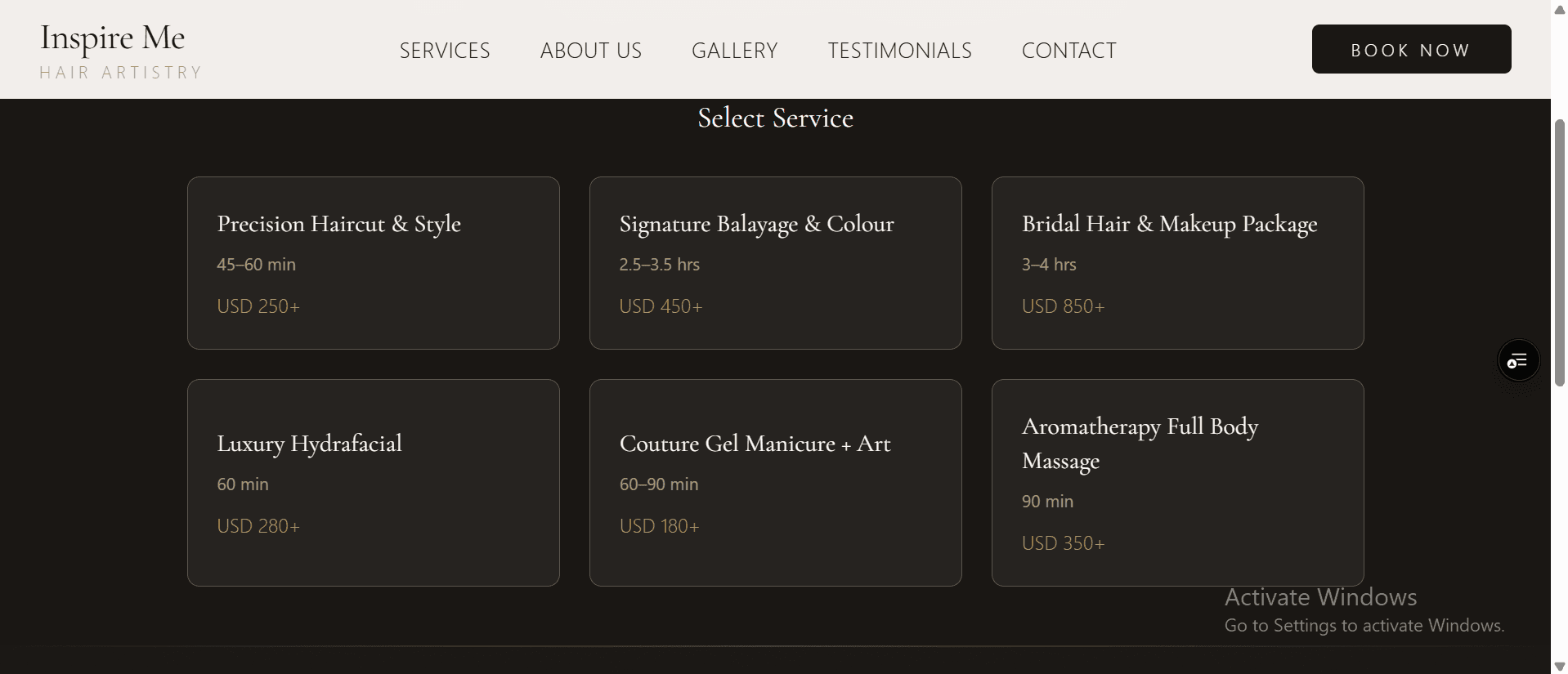 Inspire Me booking section