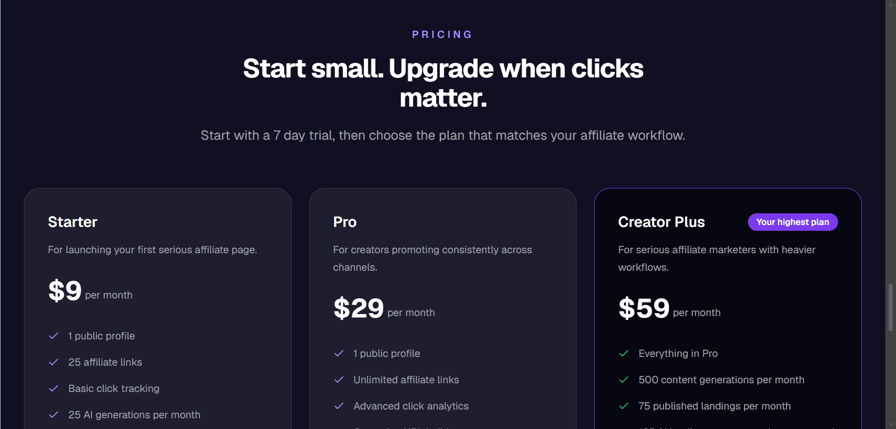 Landing page Pricing
